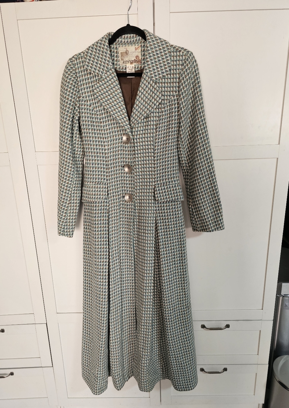 Kenzie Vintage Style Tweed Houndstooth Full Length Duster Trench Coat Size 4 EXC